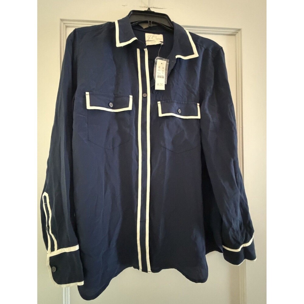 J.Crew 100% Silk Navy White Colorblock Button Down Top Shirt Size 8 NWT